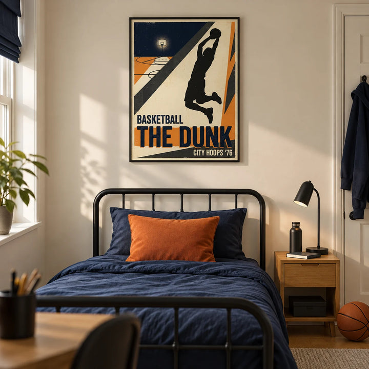 Basketball Dunk Art Print, framed on the wall of a modern basketball-loving teenager's single bedroom (13-17) in a UK terraced house with a warm cream wall and oak floor
