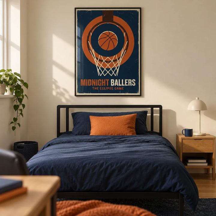 Basketball Game Wall Art, framed on the wall of a modern basketball fan's single bedroom in a UK family home