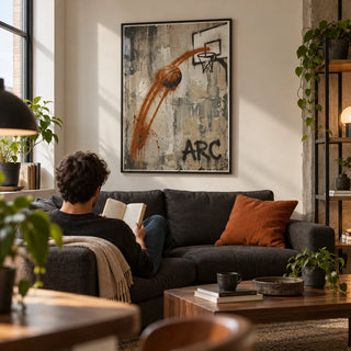 Basketball Graffiti Wall Art, framed on the wall of a compact industrial living room in a young adult first flat (22-28)