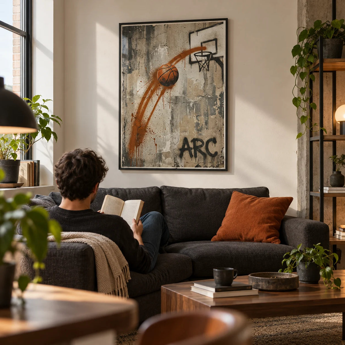Basketball Graffiti Wall Art, framed on the wall of a compact industrial living room in a young adult first flat (22-28)