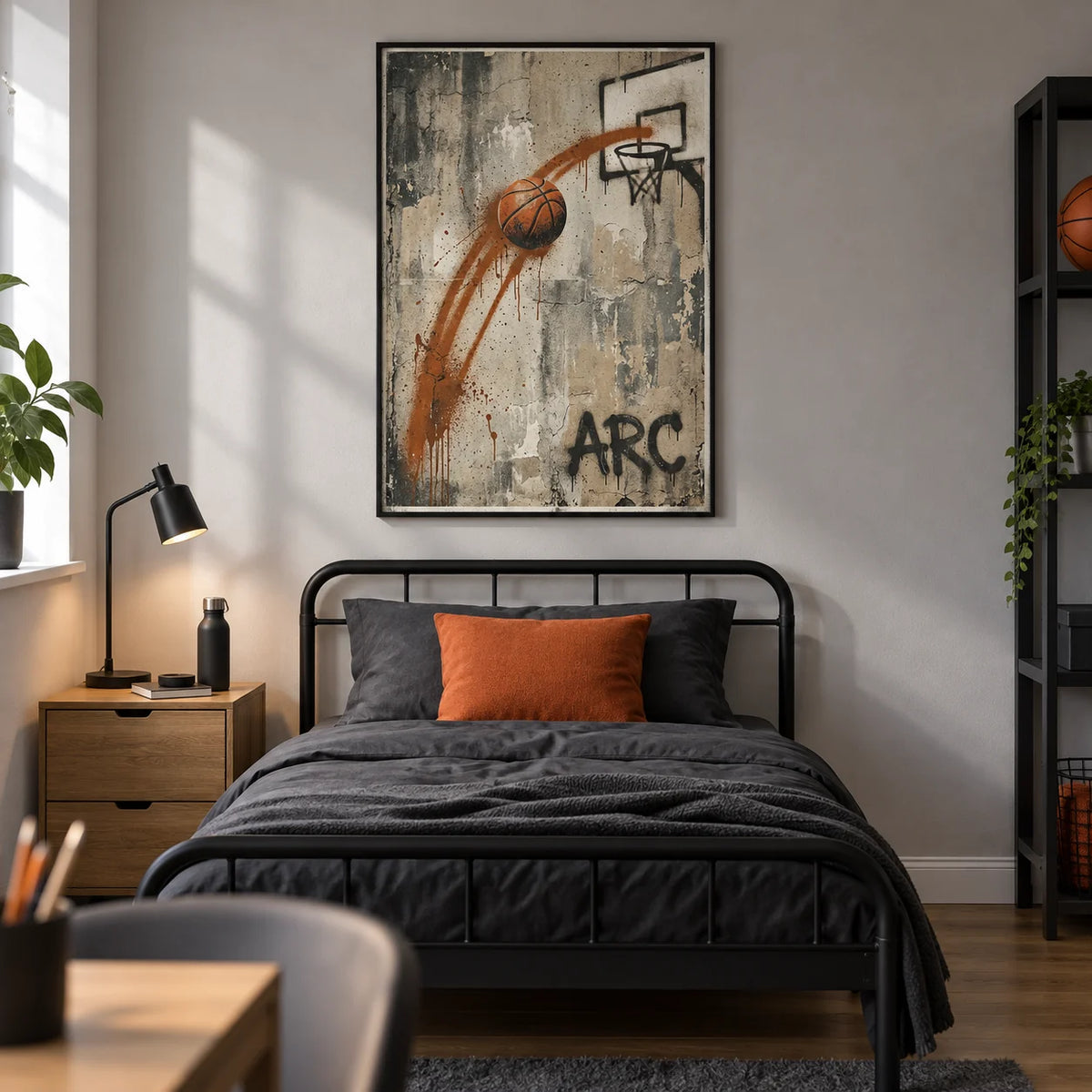 Basketball Graffiti Wall Art, framed on the wall of a modern basketball-loving teen bedroom (13-17) in a UK family home with a pale grey wall and oak floor