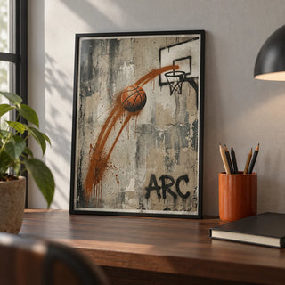 Basketball Graffiti Wall Art, a small A4 framed print leaning on a walnut desk