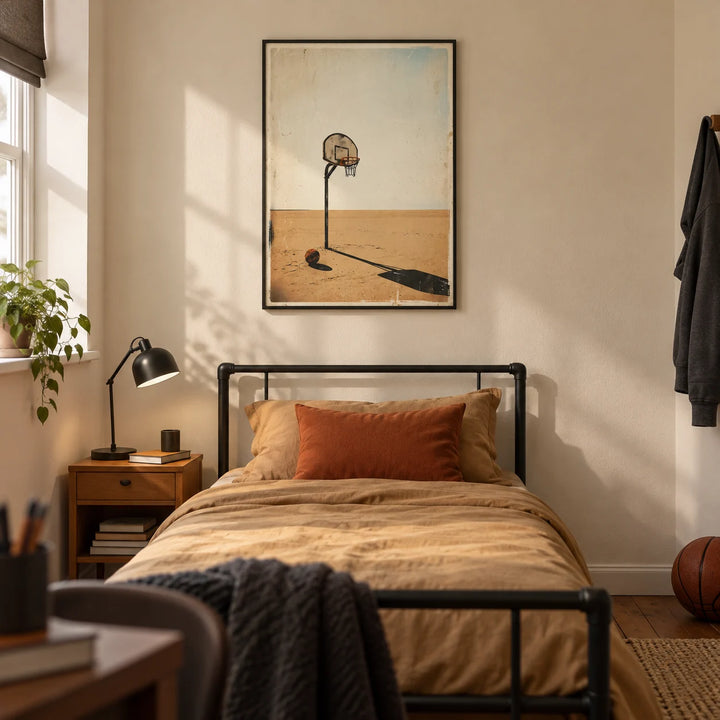 Basketball Hoop Art, framed on the wall of a basketball-loving teenager's single bedroom (16-17) in a UK terraced house with warm cream walls and wooden floorboards
