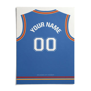 Basketball Jersey Poster in Blue with Red and Yellow Trim, shown as an unframed paper print on a plain white background