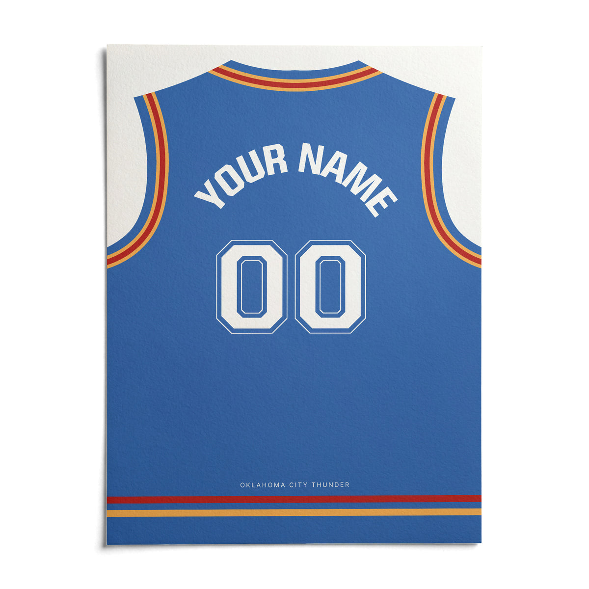 Basketball Jersey Poster in Blue with Red and Yellow Trim, shown as an unframed paper print on a plain white background