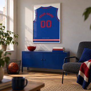 Basketball Jersey Poster in Blue with Red Number, framed on the wall of a compact basketball fan's games room in a UK terrace in a living room