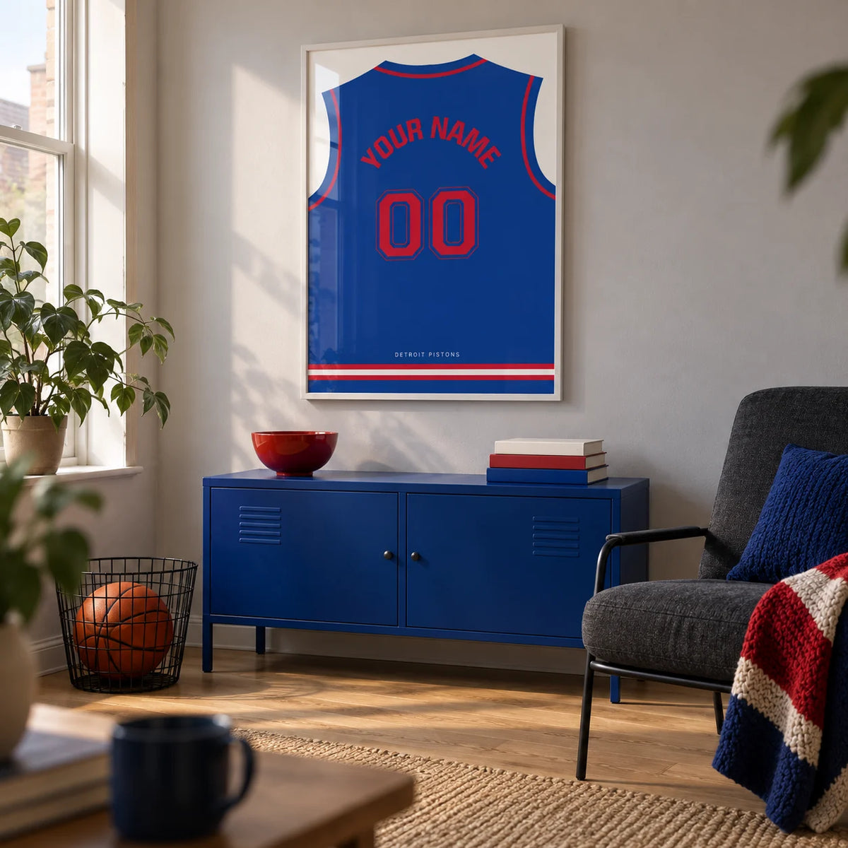 Basketball Jersey Poster in Blue with Red Number, framed on the wall of a compact basketball fan's games room in a UK terrace in a living room