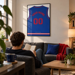 Basketball Jersey Poster in Blue with Red Number, framed on the wall of a compact modern living room in a basketball fan's first UK flat (22-28)