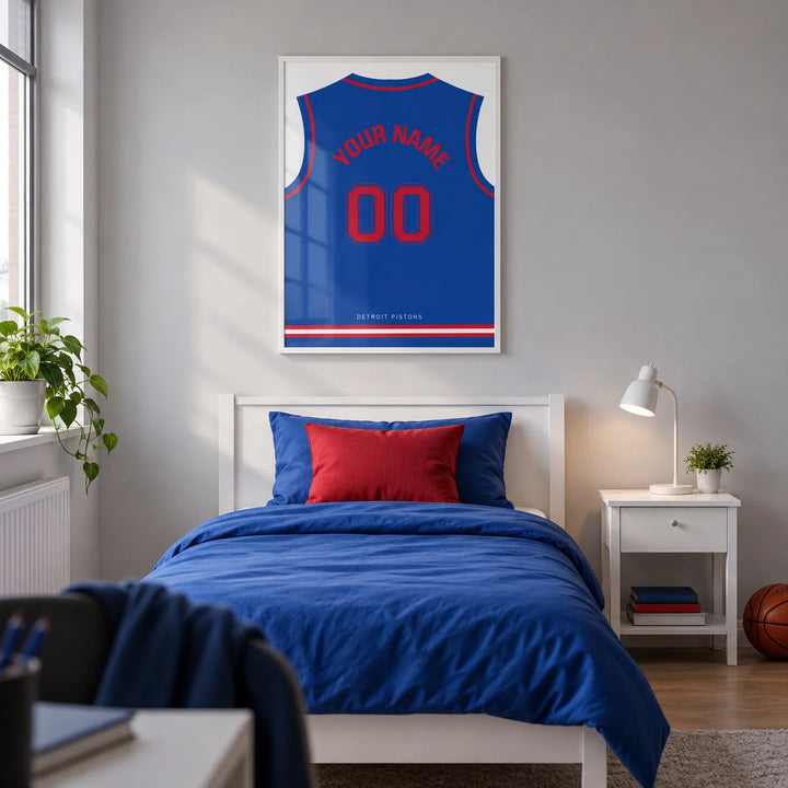 Basketball Jersey Poster in Blue with Red Number, framed on the wall of a modern basketball fan's single bedroom in a UK family home