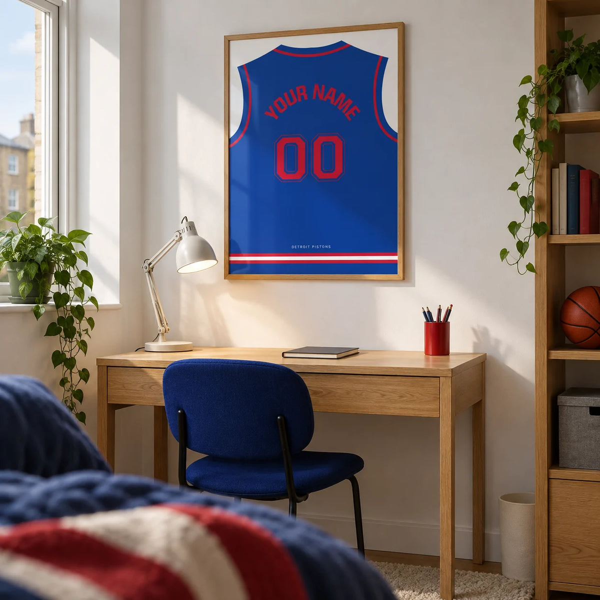 Basketball Jersey Poster in Blue with Red Number, framed on the wall of a tidy university study corner for a basketball fan aged 18-21 in a UK shared house