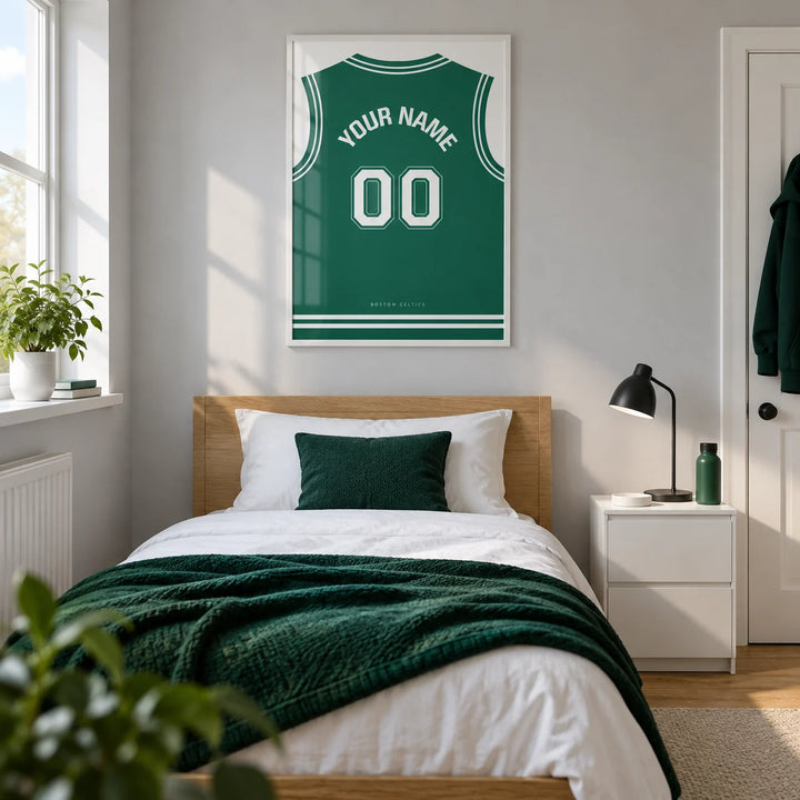 Basketball Jersey Poster in Green with White Number, framed on the wall of a modern basketball fan's single bedroom in a UK family home