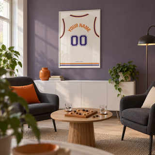 Basketball Jersey Poster in White with Purple Number, framed on the wall of a basketball fan's spare-room games den in a UK semi-detached home with a muted purple wall and pale oak flooring in a living room