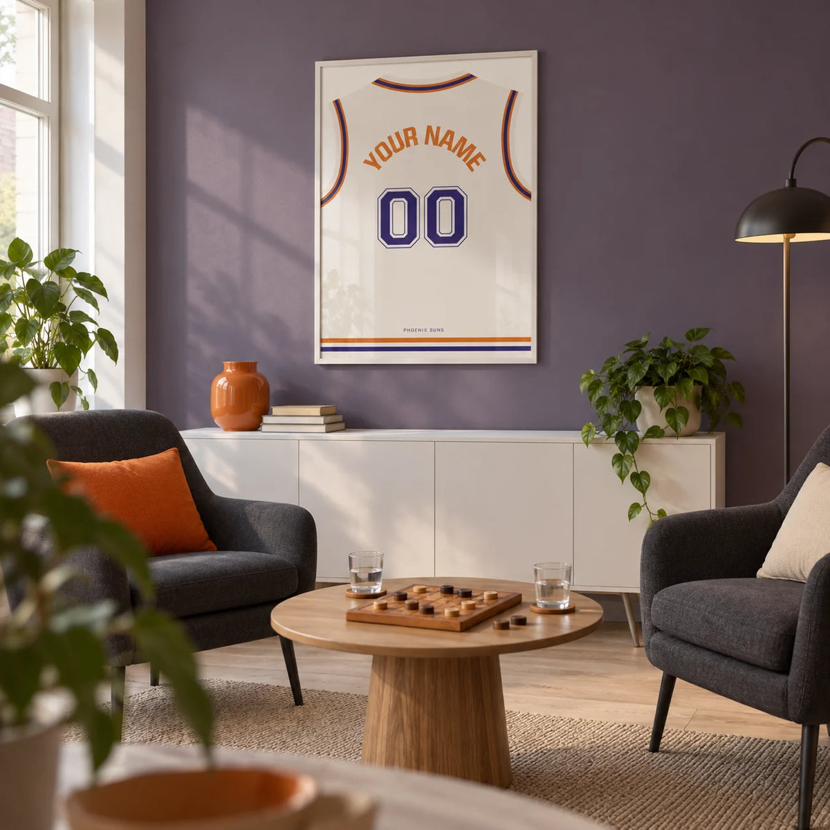 Basketball Jersey Poster in White with Purple Number, framed on the wall of a basketball fan's spare-room games den in a UK semi-detached home with a muted purple wall and pale oak flooring in a living room