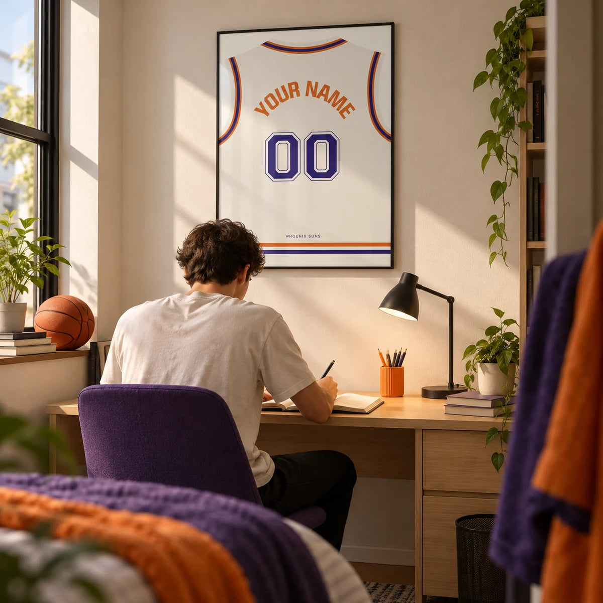 Basketball Jersey Poster in White with Purple Number, framed on the wall of a compact university study corner for a basketball fan (18-21) with a warm white wall and a purple desk chair