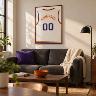 Basketball Jersey Poster in White with Purple Number, framed on the wall of a modern first-flat living room for a basketball fan (22-28) with a warm white wall and walnut furniture