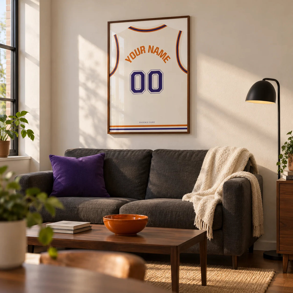 Basketball Jersey Poster in White with Purple Number, framed on the wall of a modern first-flat living room for a basketball fan (22-28) with a warm white wall and walnut furniture