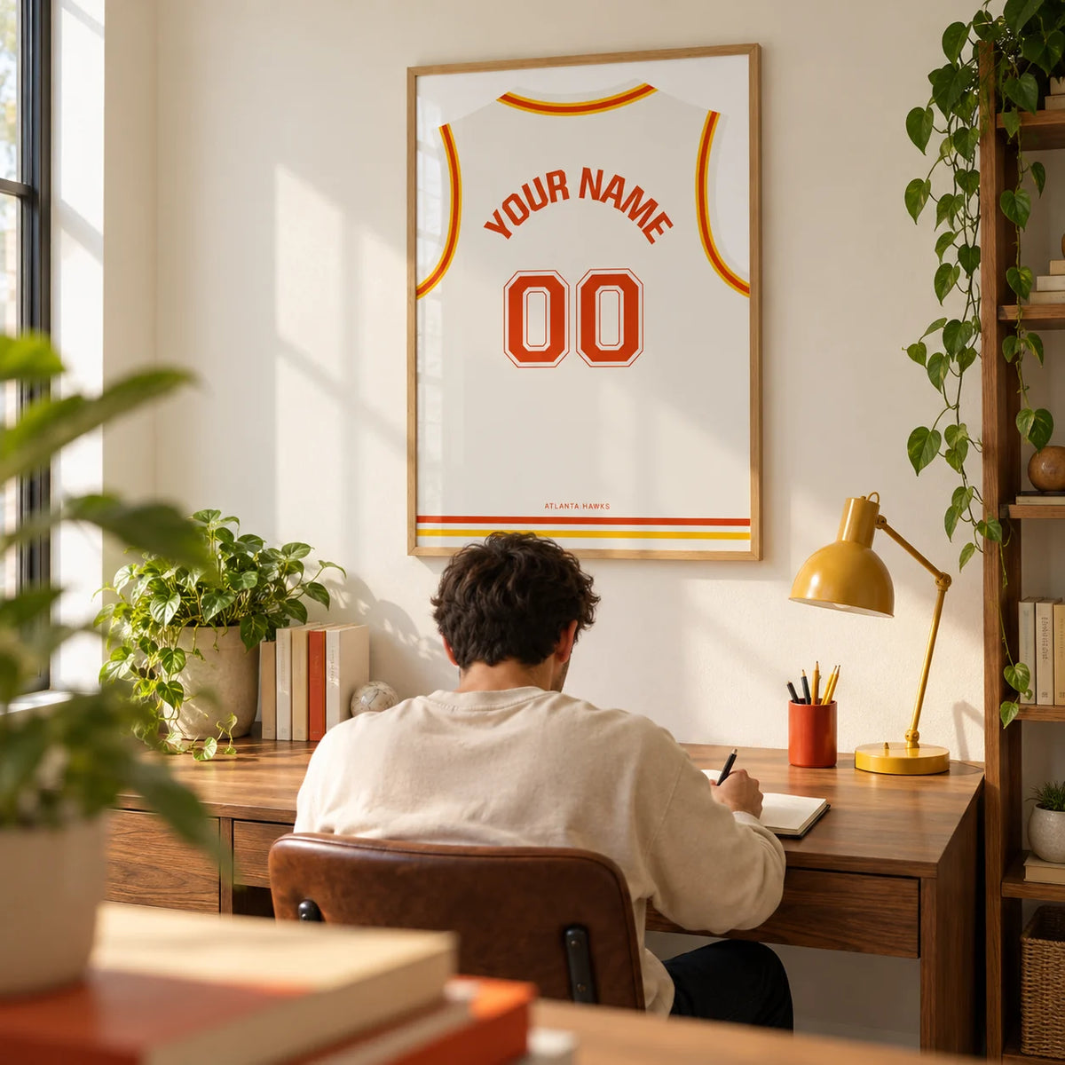 Basketball Jersey Poster in White with Red and Yellow Trim, framed on the wall of a bright home study for a young adult basketball fan (22-35)
