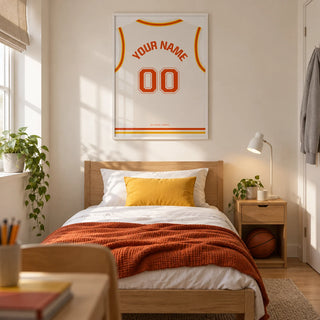 Basketball Jersey Poster in White with Red and Yellow Trim, framed on the wall of a modern basketball-loving teenager's single bedroom (13-17) in a UK family home
