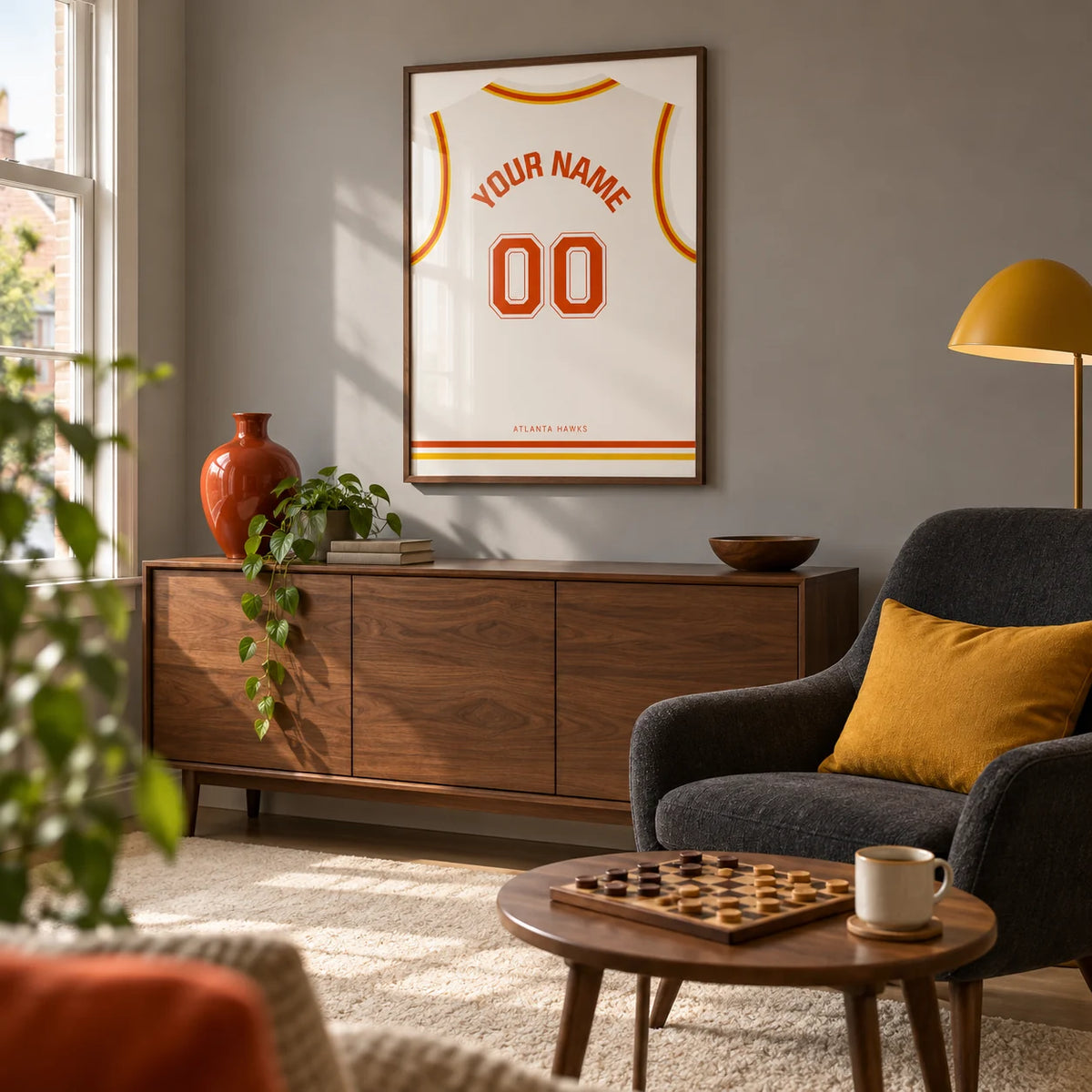 Basketball Jersey Poster in White with Red and Yellow Trim, framed on the wall of a small basketball fan's games snug in a UK semi-detached house in a living room