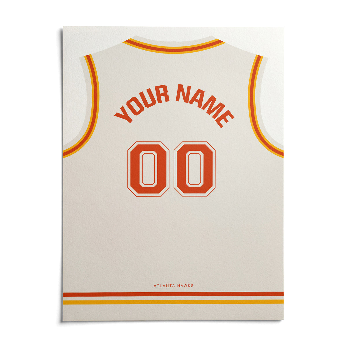 Basketball Jersey Poster in White with Red and Yellow Trim, shown as an unframed paper print on a plain white background