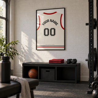 Basketball Jersey Poster in White with Red Sleeves and Black Number, framed on the wall of a believable converted garage home gym in a UK house