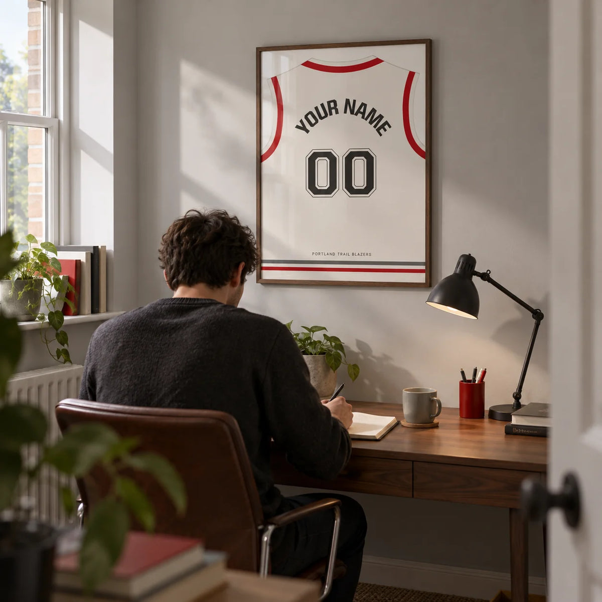 Basketball Jersey Poster in White with Red Sleeves and Black Number, framed on the wall of a compact home study in a young adult's UK terrace