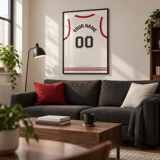 Basketball Jersey Poster in White with Red Sleeves and Black Number, framed on the wall of a crisp living room in a basketball fan's first UK flat (22-28)
