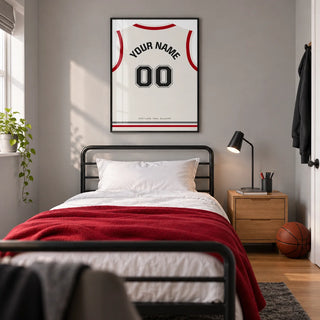 Basketball Jersey Poster in White with Red Sleeves and Black Number, framed on the wall of a modern basketball fan's single bedroom in a UK family home