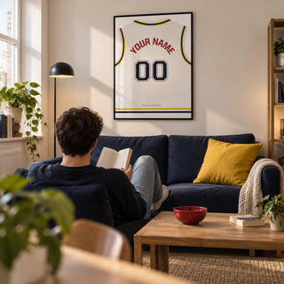Basketball Jersey Poster in White with Yellow and Navy Trim, framed on the wall of a contemporary living room in a basketball fan's first UK flat (22-28) with a warm white wall