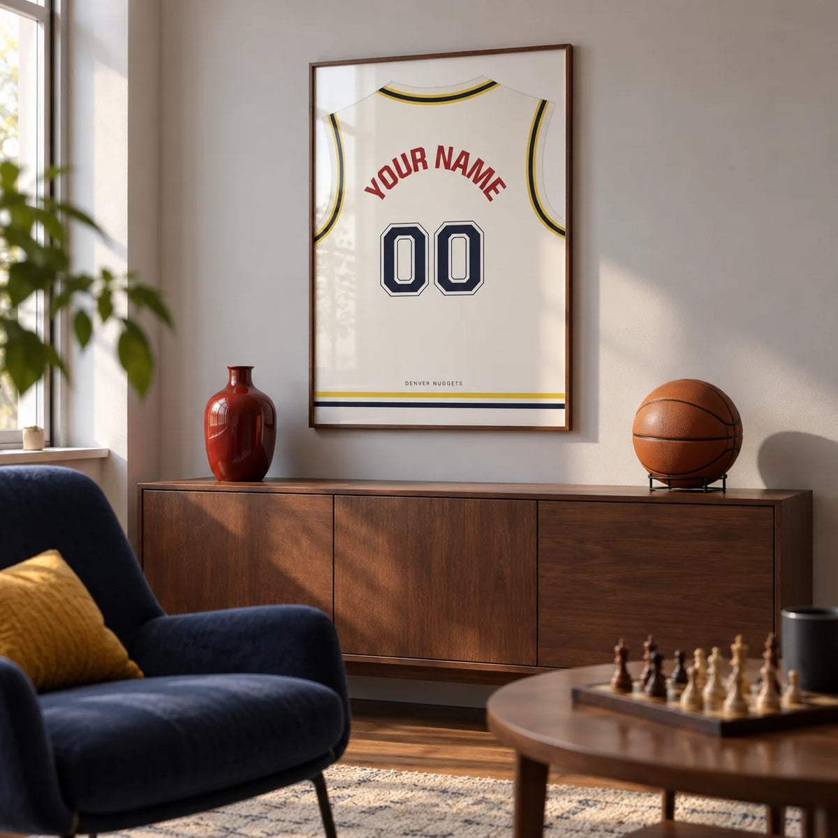 Basketball Jersey Poster in White with Yellow and Navy Trim, framed on the wall of a modern basketball fan's games room in a UK terraced house with a pale grey wall in a living room