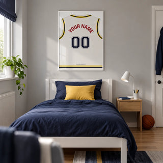 Basketball Jersey Poster in White with Yellow and Navy Trim, framed on the wall of a modern teenage basketball fan's single bedroom (13-17) in a UK family home with a pale grey wall and oak floor