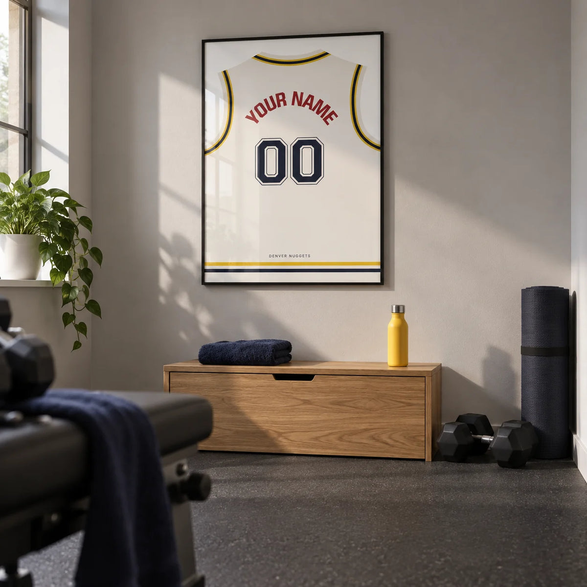 Basketball Jersey Poster in White with Yellow and Navy Trim, framed on the wall of a small home gym in a converted UK spare room with a light grey wall and plain charcoal rubber floor