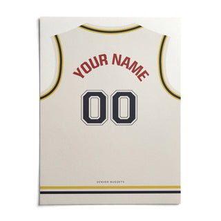 Basketball Jersey Poster in White with Yellow and Navy Trim, shown as an unframed paper print on a plain white background