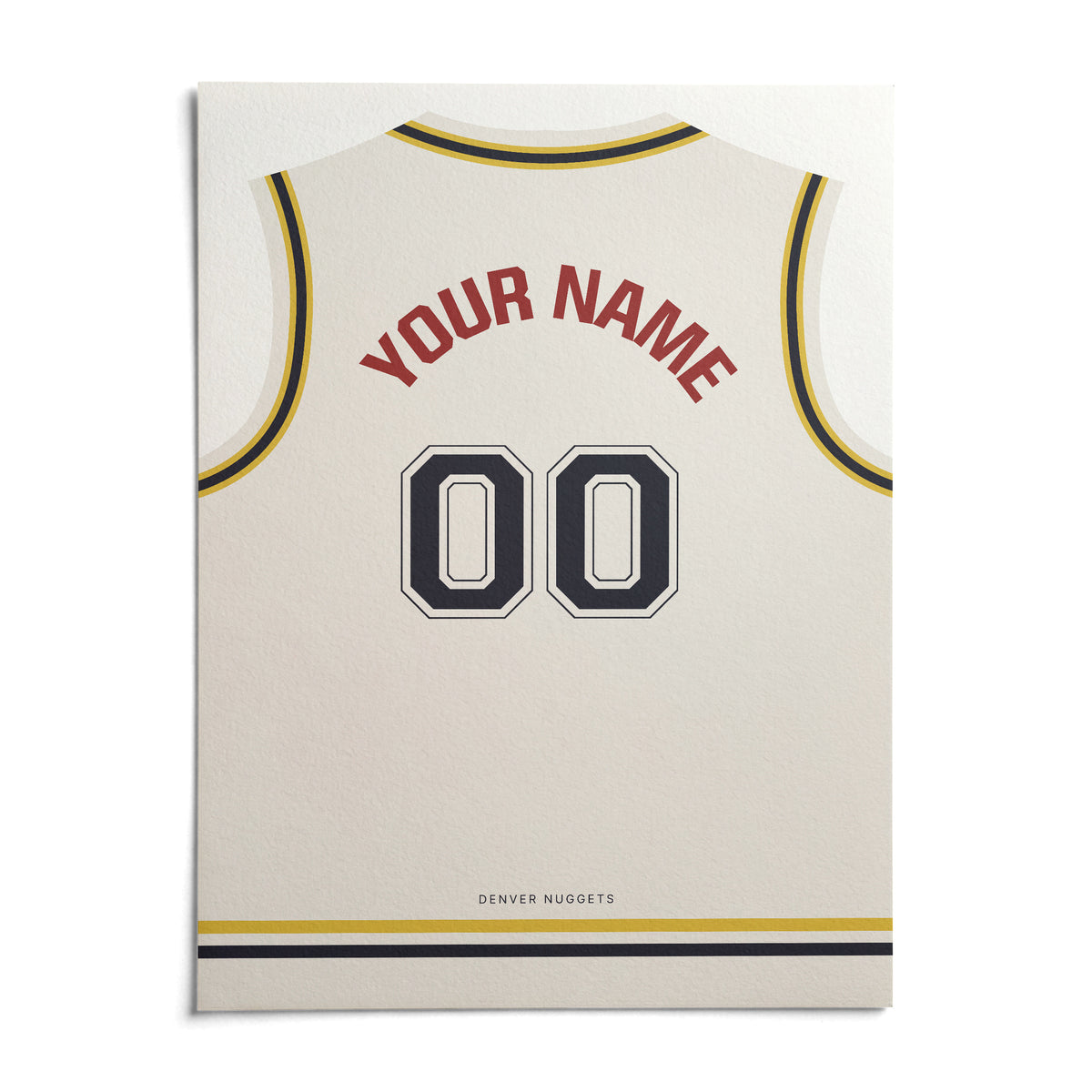 Basketball Jersey Poster in White with Yellow and Navy Trim, shown as an unframed paper print on a plain white background