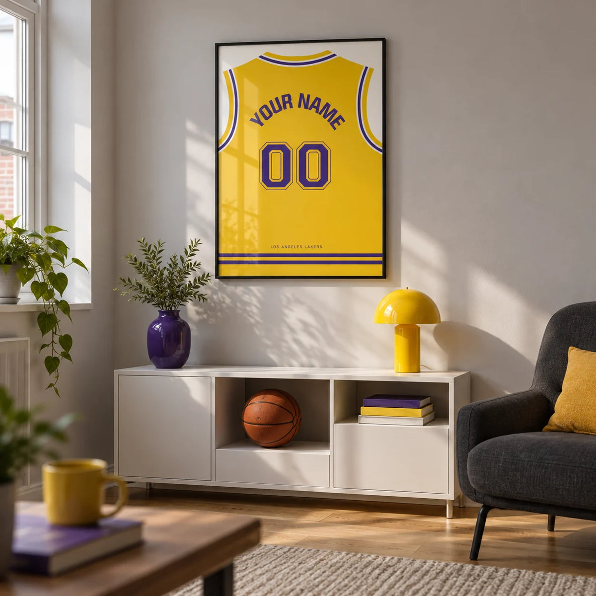 Basketball Jersey Poster in Yellow with Purple Number, framed on the wall of a compact basketball-themed games room in a UK terrace with a pale grey wall and oak floor in a living room
