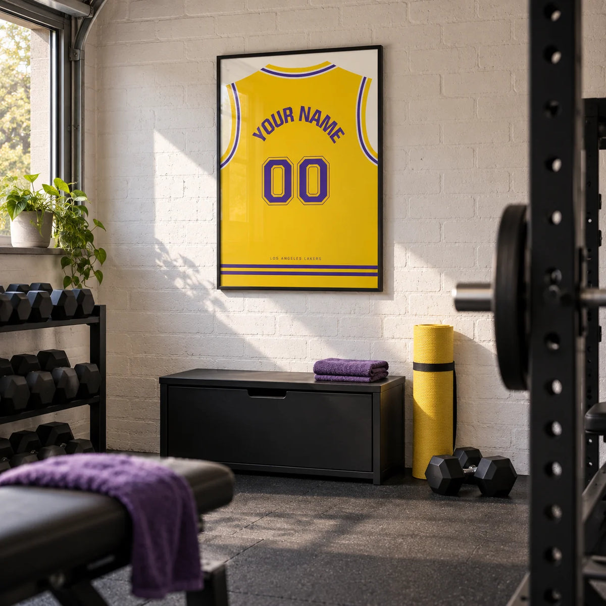 Basketball Jersey Poster in Yellow with Purple Number, framed on the wall of a compact home gym in a converted UK garage with white painted brick and dark rubber flooring