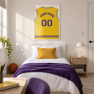 Basketball Jersey Poster in Yellow with Purple Number, framed on the wall of a modern basketball-loving teenager's single bedroom (13-17) in a UK family home with a warm white wall and pale oak floor