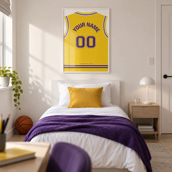 Basketball Jersey Poster in Yellow with Purple Number, framed on the wall of a modern basketball-loving teenager's single bedroom (13-17) in a UK family home with a warm white wall and pale oak floor