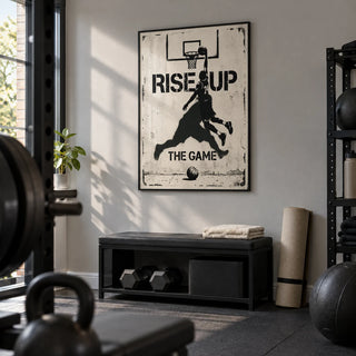 Basketball Rise Up Art Print, framed on the wall of a compact converted garage home gym in a UK terraced house with pale grey painted walls and plain black rubber flooring