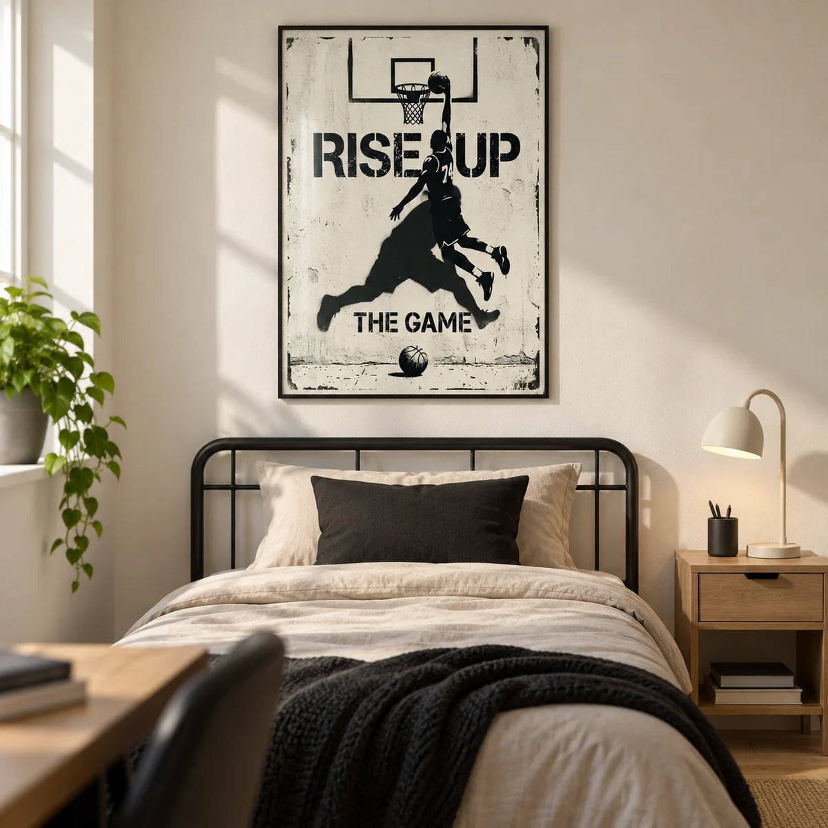 Basketball Rise Up Art Print, framed on the wall of a modern basketball fan's single bedroom for a teenager (13-17) in a UK family home