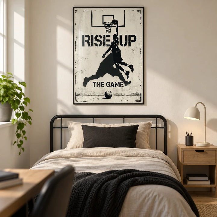 Basketball Rise Up Art Print, framed on the wall of a modern basketball fan's single bedroom for a teenager (13-17) in a UK family home