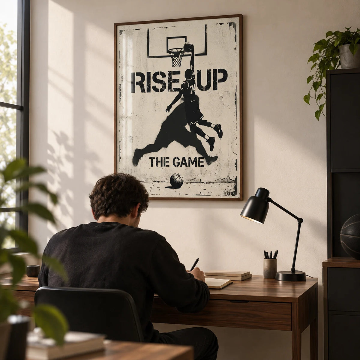Basketball Rise Up Art Print, framed on the wall of a modern home study for a young adult basketball fan (22-30)