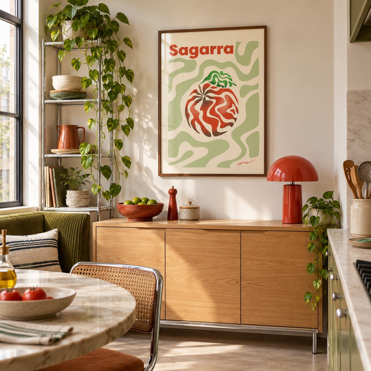 Basque Apple Print hung above an oak sideboard in a creative apartment kitchen (frame not included)