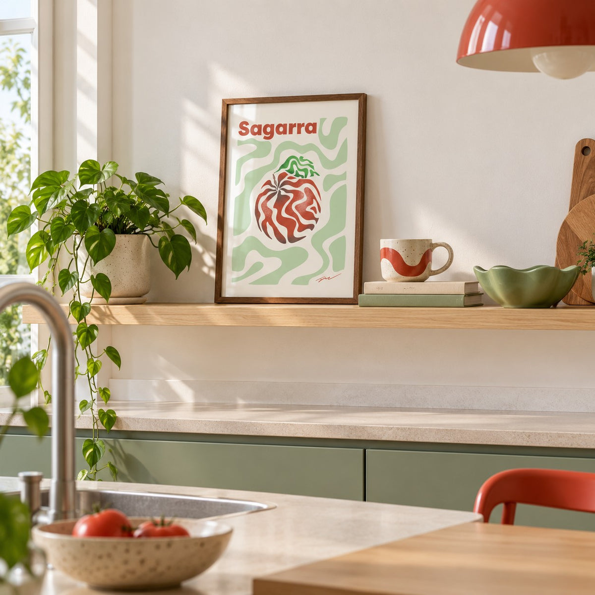 Basque Apple Print in the small A4 size, leaning on a kitchen shelf (frame not included)