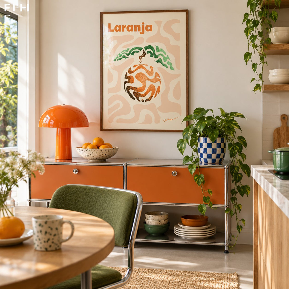 Basque Orange Print hung above a retro modular console in a playful kitchen (frame not included)