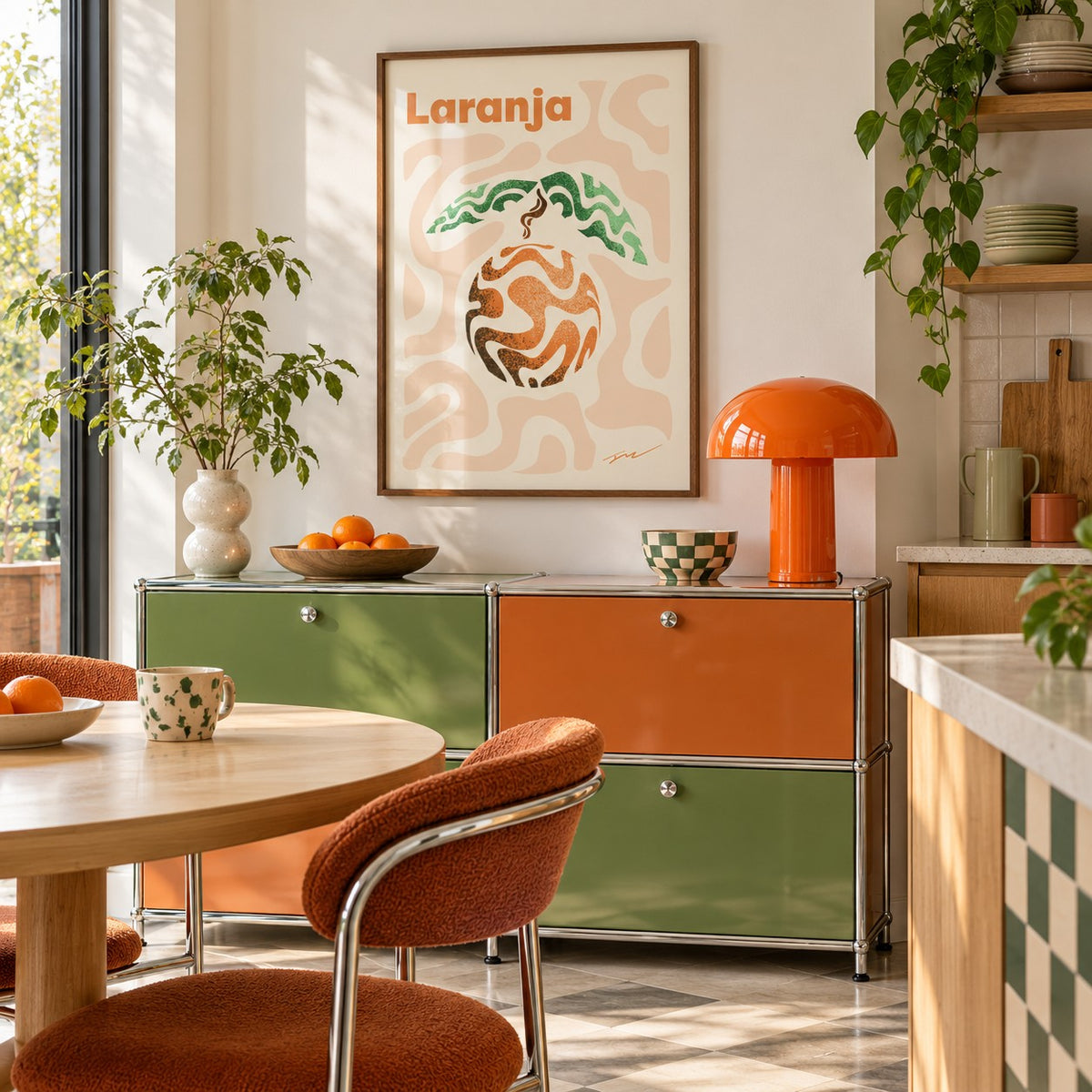 Basque Orange Print hung above a retro sideboard in a kitchen dining area (frame not included)