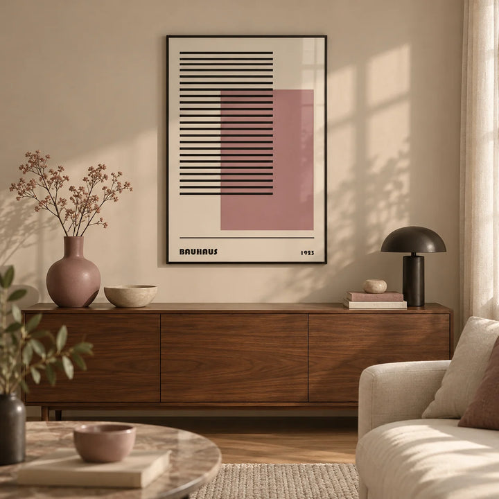 Bauhaus 1923 Art, framed on the wall of a calm modern living room with a warm beige wall