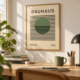 Bauhaus Art Poster, framed on the wall of a creative studio desk