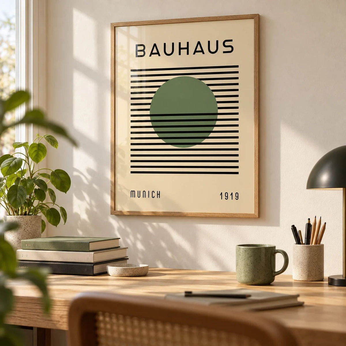 Bauhaus Art Poster, framed on the wall of a creative studio desk