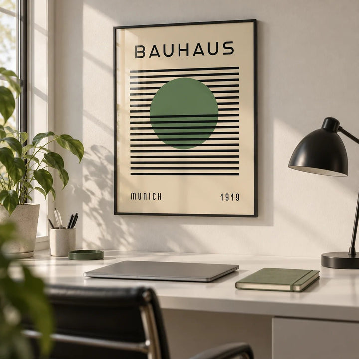 Bauhaus Art Poster, framed on the wall of a minimal home office